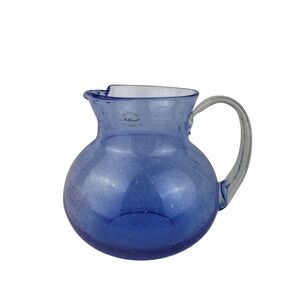 Artland Iris Blue Bubble Glass Pitcher Handblown Seeded Glass Round‎ 7"